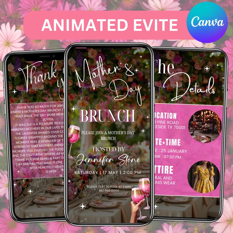 Mother’s Day Brunch Invite, Happy Mother’s Day, Boho Floral Event Itinerary, Animated Video Invitation, Mom and Mimosa's, Canva Editable