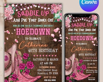 40th Pink Hoedown Birthday Invitation, Western Cowgirl Party Digital Invite Country, Any Age, Country Floral Boots Invite, Canva Editable