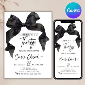 Black Bow Birthday Invitation, Minimalist Black Bow Birthday Invite, Coquette Black Bow Invitation, Canva Editable