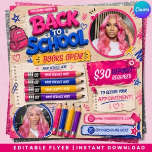 以下が含まれることがあります： BACK TO SCHOOL、BOOKS OPEN、$30 DEPOSIT REQUIREDというテキストが記載されたデジタルチラシテンプレート。ピンクのバックパック、4本のカラー鉛筆、人物画像が入った2つの円形フレームのイラストがデザインされています。