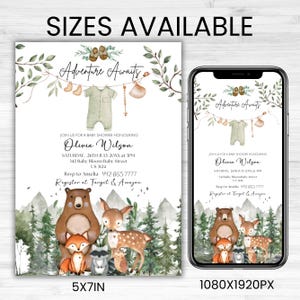 Woodland Baby Shower Invitation, Woodland Animals Baby Shower Invitation, Woodland Theme Invites, Woodland animal's invitation, EDITABLE Gender-Neutral Woodland animal's invitations, Template Set, Forest Mountain Baby Shower Invite, Forest Baby shower, Editable Let the Adventure Begin Woodland Baby Shower Invitation Bundle, Woodland Baby Shower Invite, Boy Adventure Baby Shower, Canva Editable