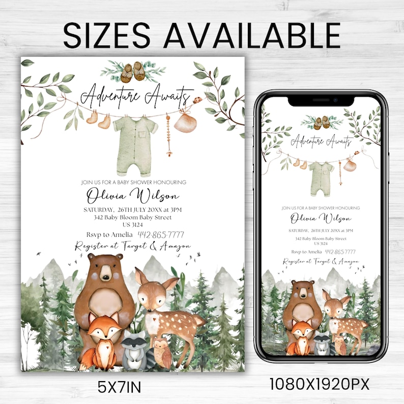 Woodland Baby Shower Invitation, Woodland Animals Baby Shower Invitation, Woodland Theme Invites, Woodland animal's invitation, EDITABLE Gender-Neutral Woodland animal's invitations, Template Set, Forest Mountain Baby Shower Invite, Forest Baby shower, Editable Let the Adventure Begin Woodland Baby Shower Invitation Bundle, Woodland Baby Shower Invite, Boy Adventure Baby Shower, Canva Editable