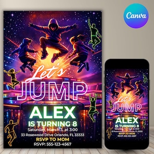 Puede incluir: Una vibrante invitación de cumpleaños con el texto "Let's JUMP" y "ALEX IS TURNING 8". El diseño presenta ilustraciones de personas saltando, sobre un cielo estrellado con luces de neón. Un smartphone muestra el mismo diseño.