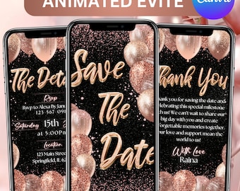 Save the Date Animated Invitation, Rose Gold & Blush Pink Birthday Video Evite, Black Glitter Invite, DIY Text, Instant Download