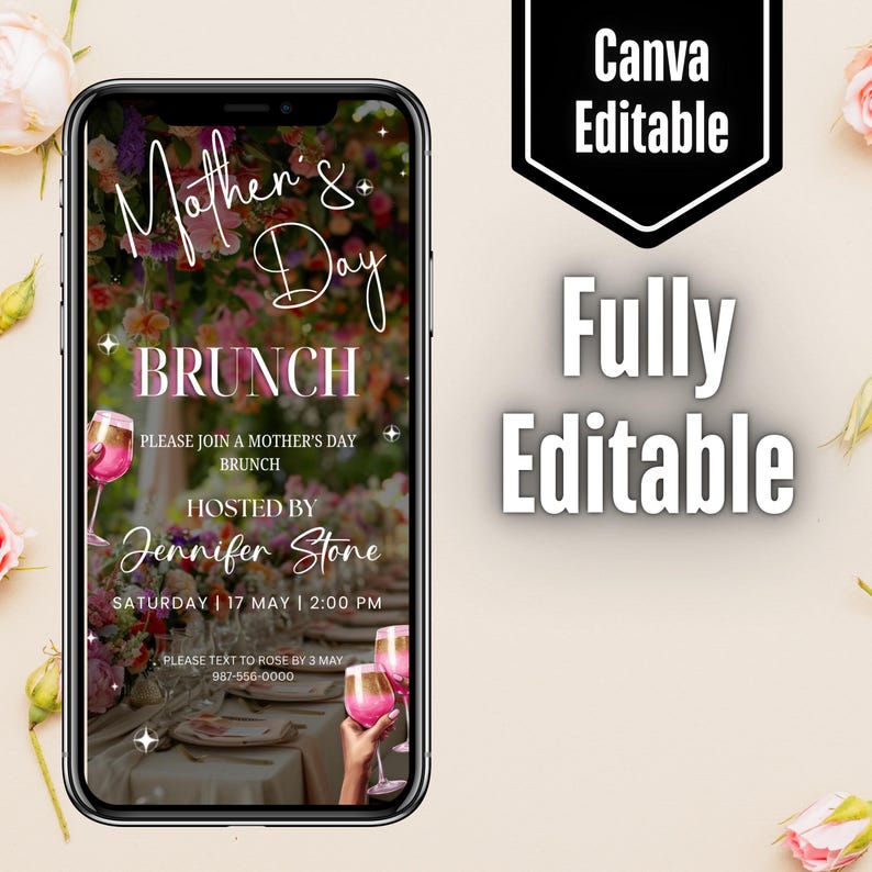 Mother’s Day Brunch Invite, Happy Mother’s Day, Boho Floral Event Itinerary, Animated Video Invitation, Mom and Mimosa's, Canva Editable