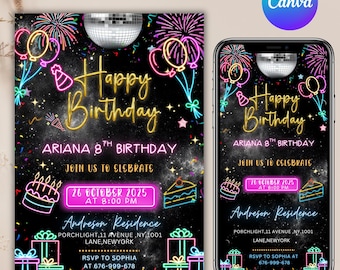 Neon Lights Birthday Invitation, Glow Party Invite, Editable Canva Template, Lets Party Invitation, Any Age Girl Party, DIY In Canva
