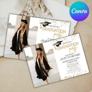 Minimalist Gold Graduation Party Photo Invitation Template, Printable Graduate Announcement, Editable Grad Party Invite, Canva Editable