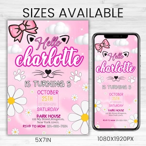 Cute Kitty Birthday Invitation, Kitty Birthday Invitation, Kitty Digital Birthday Invitation, Pink Kitty Birthday Theme, DIY In canva
