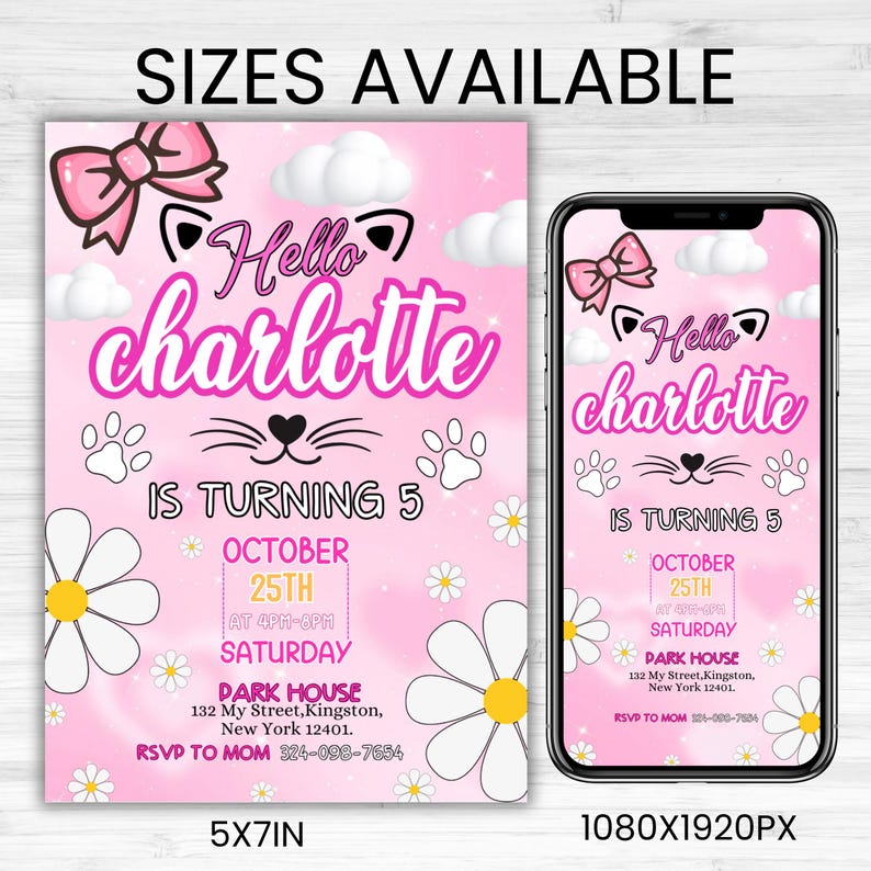 Cute Kitty Birthday Invitation, Kitty Birthday Invitation, Kitty Digital Birthday Invitation, Pink Kitty Birthday Theme, DIY In canva