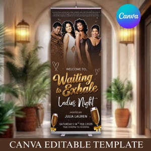 May include: A brown banner with the text "Waiting to Exhale Ladies Night" and the Canva logo. The banner features images of four women and champagne glasses. The event is hosted by Julia Lauren on February 14th, 2026.