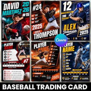 Puede incluir: Tarjetas de béisbol coleccionables con información de jugadores. Cada tarjeta muestra el nombre, la posición y las estadísticas de un jugador. Las tarjetas utilizan colores vibrantes y fotos de acción de jugadores, con el año "2025" en algunas tarjetas.