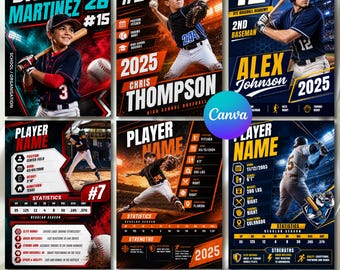 Conjunto de plantillas para tarjetas coleccionables de béisbol, 6 tarjetas de jugador editables a doble cara, tarjetas deportivas personalizadas para crear tú mismo (anverso y reverso), descarga instantánea.