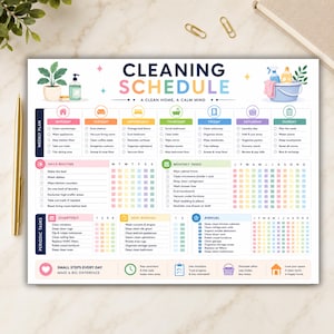May include: A printed cleaning schedule planner featuring a weekly plan, daily routines, and monthly, quarterly, semi-annual, and annual task lists. The document includes colorful icons, checkboxes, and text headers organized in a grid layout.