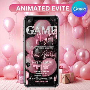 May include: A digital invitation for a game night party with pink balloons and black confetti on a black background. The text reads "Game Night" with a pink neon outline. The invitation includes the date, time, and location of the event. RSVP by January 25th, 124-235-6785.