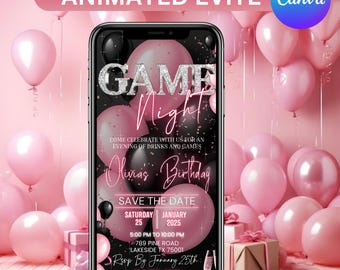 Digital Game Night Birthday Invitation, Animated Womens Phone Text Message Email Evite, Blush Pink Invite For Her, Ecard, Canva Editable