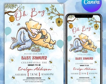 Editable Winnie the Pooh Baby Shower Invitation, Digital Invitation Oh Boy, Blue Winnie The Pooh Invitation, Canva Editable
