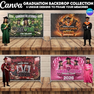 May include: A collection of graduation backdrops with the Canva logo. Four unique designs are displayed, each featuring the text "Congratulations" and the year "2026". The backdrops are in various colors, including green, orange, red, and pink.