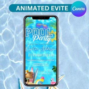 Blue Pool Party Birthday Invitation Video. Neon Beach Theme Tropical Summer Invite For Teens, Kids, Adults, Canva Editable