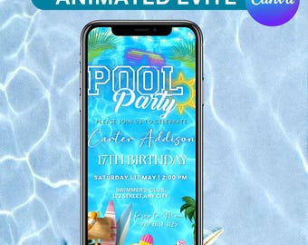 Girls Pool Party Birthday Evite, Pool Party Invite, Girls Teenage Birthday, Summer Pool Party, Editable Canva Template, Instant Download