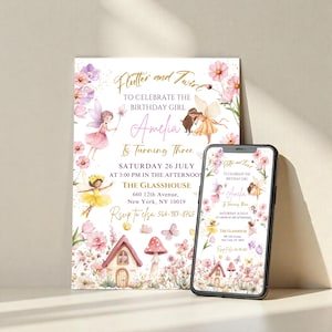 Editable Fairy Birthday Invitation Template Enchanted Whimsical Garden Forest Girl Invite Floral Magical Princess Party, Canva Editable