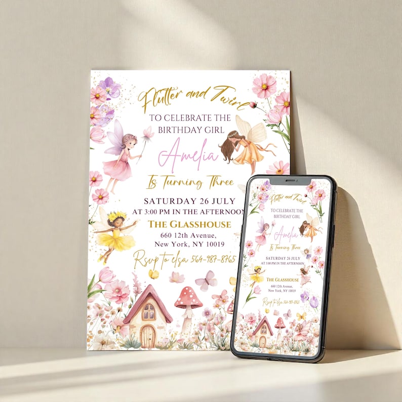 Editable Fairy Birthday Invitation Template Enchanted Whimsical Garden Forest Girl Invite Floral Magical Princess Party, Canva Editable