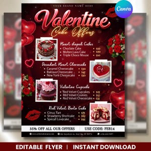 May include: A Valentine's Day-themed flyer with a dark red background, featuring cake offers. The text includes "Valentine Cake Offers," and lists heart-shaped cakes, cheesecakes, cupcakes, and bento cakes. The flyer also includes the text "35% OFF ALL OUR OFFERS" and "USE CODE: FEB14."