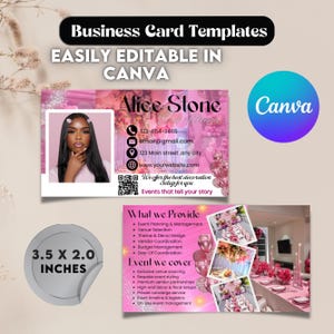May include: Pink business card templates with the text "Business Card Templates" and "Easily Editable in Canva." The card features a photo of a woman, contact information, and a list of services. The card measures 3.5 x 2.0 inches.