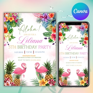 Pineapple Birthday Invitation, birthday invitation, Tropical Aloha Birthday Hawaiian Invite For Girls Party invite, Canva Editable
