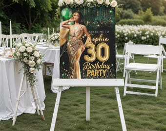 Emerald Green Party Welcome Sign, Elegant Birthday Poster, Editable Canva Template, Luxury Party Decor, Text, DIY, Instant Download