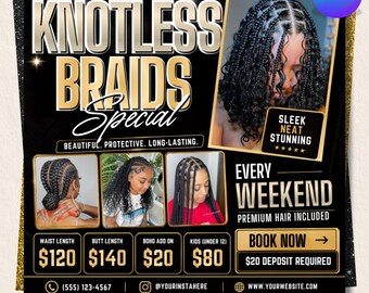 Knotless Braids Flyer Template, Braids Price List Flyer, Hair Salon Specials Flyer, Beauty Booking Canva Template, DIY Canva
