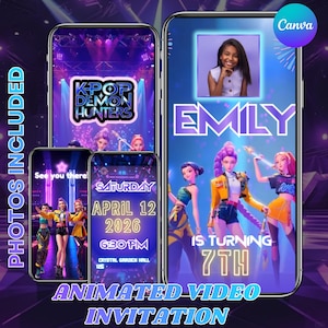 K-Pop demonenjagers verjaardag video Evite, Huntrix & Saja themafeest uitnodiging, geanimeerde mobiele uitnodigingssjabloon, DIY-tekst, Instant Download