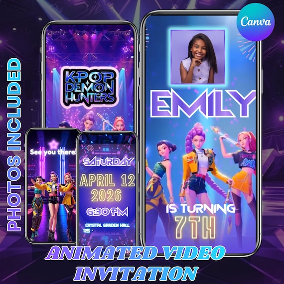 K-Pop Demon Hunters Birthday Video Evite, Huntrix & Saja Theme Party Invite, Animated Mobile Invite Template, DIY Text, Instant Download