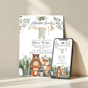 Woodland Baby Shower Invitation, Woodland Animals Baby Shower Invitation, Woodland Theme Invites, Woodland animal's invitation, EDITABLE Gender-Neutral Woodland animal's invitations, Template Set, Forest Mountain Baby Shower Invite, Forest Baby shower, Editable Let the Adventure Begin Woodland Baby Shower Invitation Bundle, Woodland Baby Shower Invite, Boy Adventure Baby Shower, Canva Editable