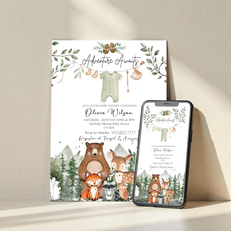 Woodland Baby Shower Invitation, Woodland Animals Baby Shower Invitation, Woodland Theme Invites, Woodland animal's invitation, EDITABLE Gender-Neutral Woodland animal's invitations, Template Set, Forest Mountain Baby Shower Invite, Forest Baby shower, Editable Let the Adventure Begin Woodland Baby Shower Invitation Bundle, Woodland Baby Shower Invite, Boy Adventure Baby Shower, Canva Editable