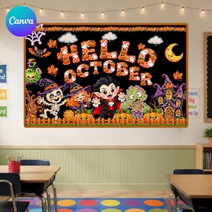 Op de afbeelding: Een rechthoekige Halloween-banner met de tekst HELLO OCTOBER in oranje letters met pompoenpatroon. Het ontwerp toont een skelet, een heks, een vampier en een zombie achter een houten hek, samen met een spookhuis op de achtergrond.