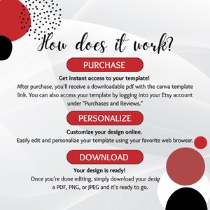 Puede incluir: Un gr&aacute;fico rojo, blanco y negro con el texto "&iquest;C&oacute;mo funciona?" y tres botones: "Comprar", "Personalizar" y "Descargar". El gr&aacute;fico explica los pasos para comprar, personalizar y descargar una plantilla digital.