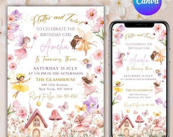 Editable Fairy Birthday Invitation Template Enchanted Whimsical Garden Forest Girl Invite Floral Magical Princess Party, Canva Editable