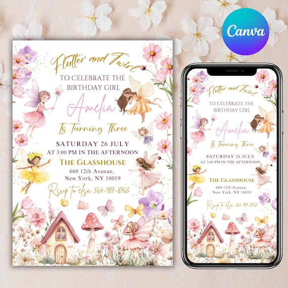 Editable Fairy Birthday Invitation Template Enchanted Whimsical Garden Forest Girl Invite Floral Magical Princess Party, Canva Editable