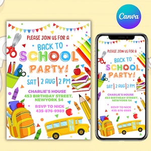 Back To School Party Invitation, Back to School Party Invite, End of Summer Party, Hello School Party School Event Invite, Canva Editable