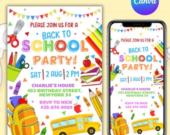Convite para Festa de Volta às Aulas, Convite para Festa de Fim de Verão, Festa de Boas-vindas à Escola, Convite para Evento Escolar, Editável no Canva