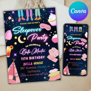 Sleepover Birthday Invitation, Printable Sleepover Invite, Slumber Party, Pajama Party, Retro Neon Light, Canva Editable