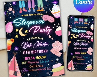 Sleepover Birthday Invitation, Printable Sleepover Invite, Slumber Party, Pajama Party, Retro Neon Light, Canva Editable