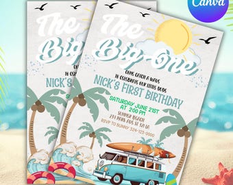 Beach Invitation, Beach Birthday Party Invitation, Ocean Birthday Invitation Template, Surfer Invitation, Canva Editable