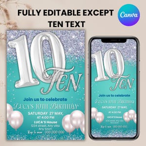 Teal and Silver 10th Birthday Invitation, birthday party invitation, Birthday Invite for 10 year old Birthday Party, Canva Editable