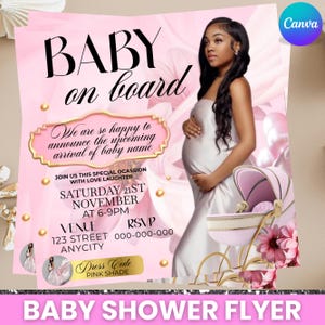 Könnte beinhalten: Rosa Babyparty-Flyer mit dem Text "BABY on board" und "BABY SHOWER FLYER". Der Flyer enthält ein Foto einer schwangeren Person in einem weißen Kleid, einen rosa Kinderwagen und Veranstaltungsdetails.