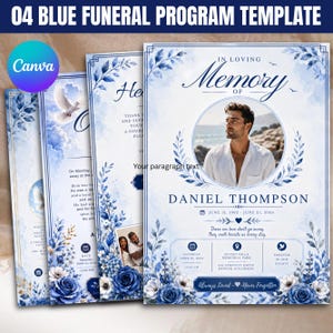 Blue Funeral Program Template, Watercolor Memorial Program, Celebration of Life Template, In Loving Memory Canva, Editable Funeral Program