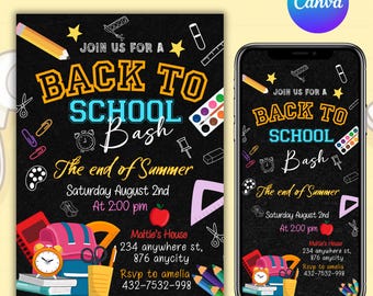 Back To School Bash Party Invitation, Back to School Bash Invite, End of Summer Party, School Event Invite, DIY Text, Instant Download