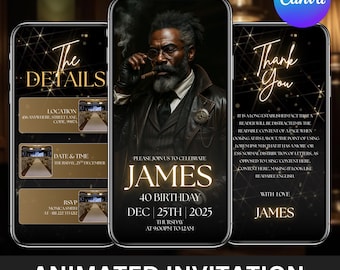Animated Birthday Dinner Invitation, Men's Party Video Invite, Premade Gold Party Event Digital E-Invite, Text DIY, Instant Download