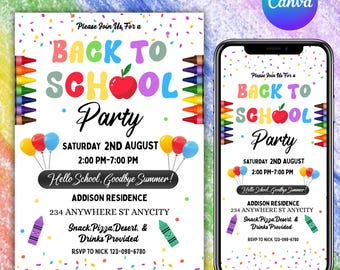 Convite para festa de volta às aulas, convite para festa de volta às aulas, festa de fim de verão, convite para festa de boas-vindas, convite para evento escolar, editável pela Canva