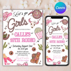 Let&#39;s Go Girls Birthday Invitation Template, Hot Pink Cowgirl Birthday Party, Disco Rodeo Western Invite, Canva Editable